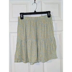 Pink Rose Floral Mini Skirt Tiered Ruffle Hem Elastic Waist Blue Yellow M NWOT‎